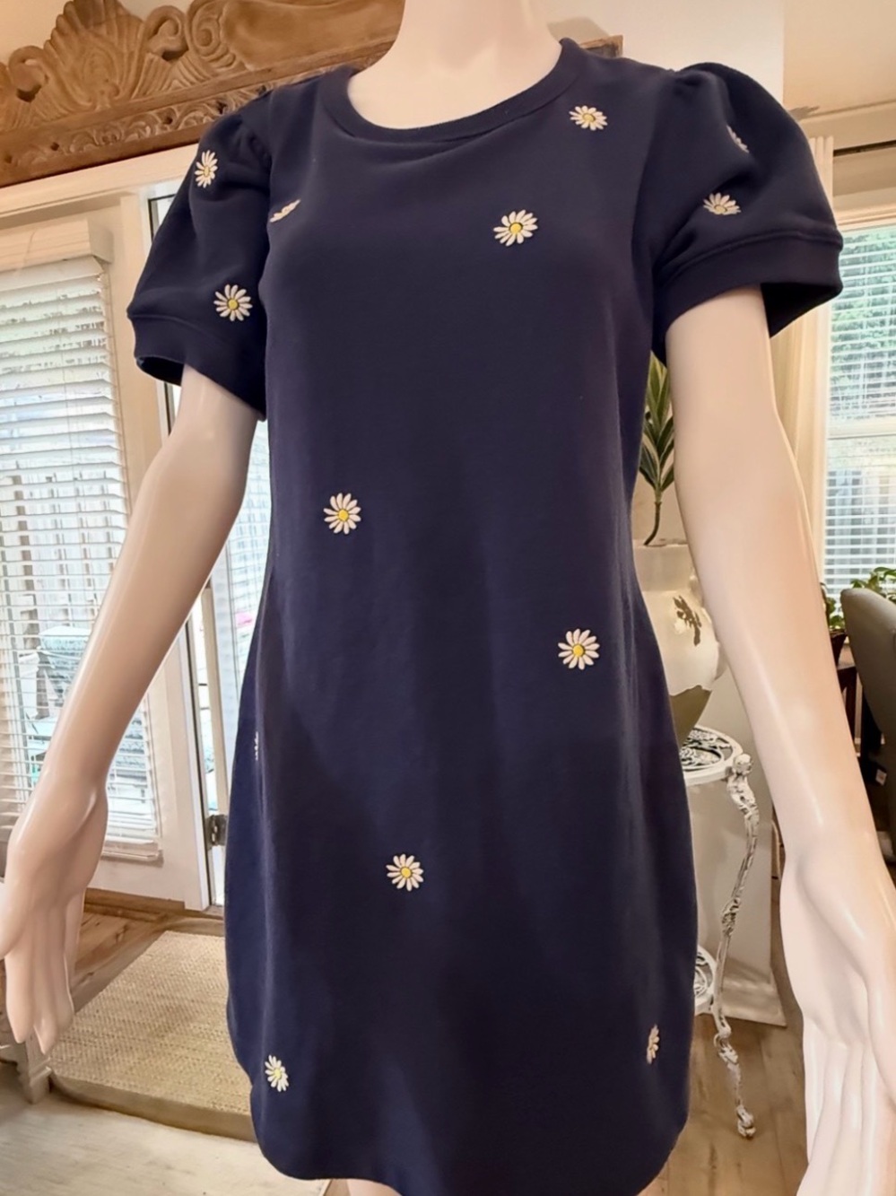 Navy knit Daisy Embroidered Puff-Sleeve Dress